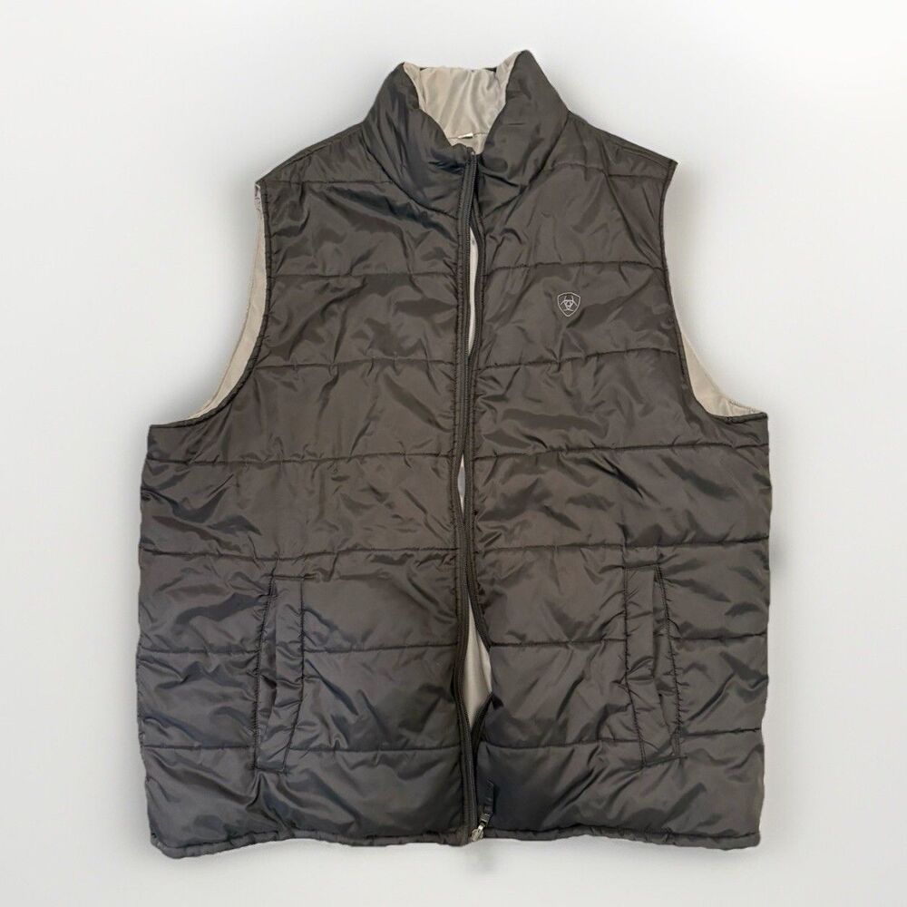 Ariat Vest Men's Brown Tan Quilted Pockets Outdoor Hiking Reversible 2XL
